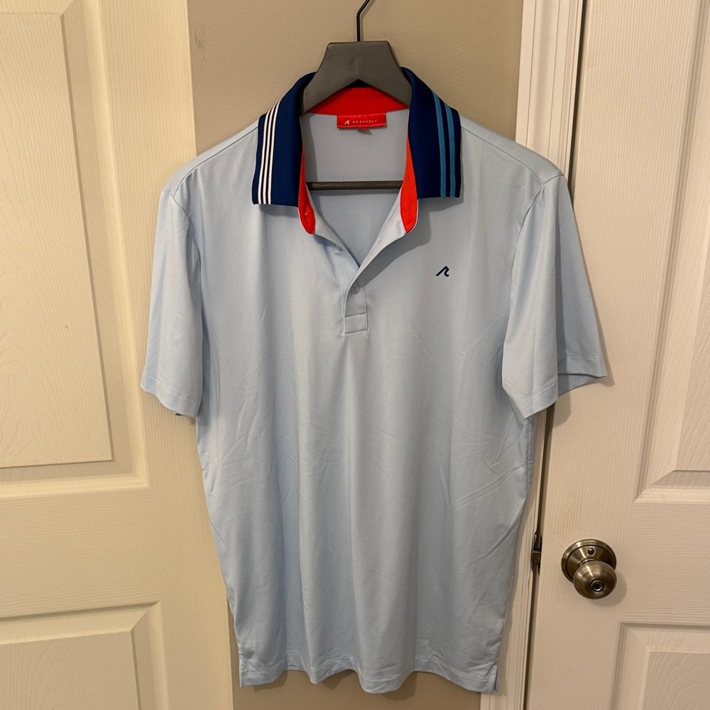 Light Blue Polo Shirt with Navy and Red Collar